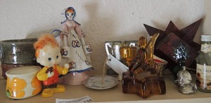 lot 124 image: Misc.-mini trophy, orange glass angel candle holder and more