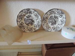 lot 137 image: 2 Black and white Nevco plates- FTD covered white porcelain powder dish with blue butterfly