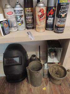 lot 139 image: Welding face shield, cans of spray paint and enamel metal pieces