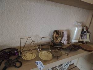 lot 136 image: Baseball glove trophy New pillar candle and various plate stands 4x7 picture frame and more