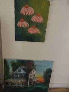 lot 146 image: 20x16 canvas of painted pink flowers and 30x24 canvas of barn house