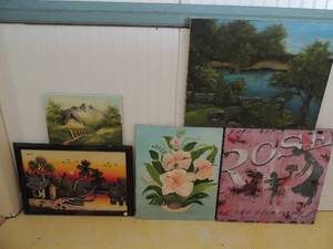 lot 148 image: Pink rose canvas 20x20 sky-blue pink flower canvas 20x16 Mountain canvas 14x10 Lue canvas dark green forest 24 x 18 dessert sunrise canvas 22 x 16