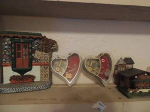 lot 162 image: 2 heart shaped music boxes, a 2 story music box house, porcelain window with 2 plant holders