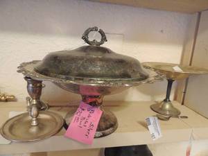 lot 167 image: International silver bowl with lid silver baby spoon Winthrop silver 2 sterling silver candle sticks and silver fruit stand