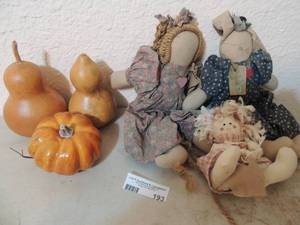 lot 193 image: 3 handmade cloth dolls, plastic pumpkin and 2 squash