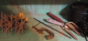 lot 195 image: Hand tiller no pole, clamps, garden tools and hand held spotlight