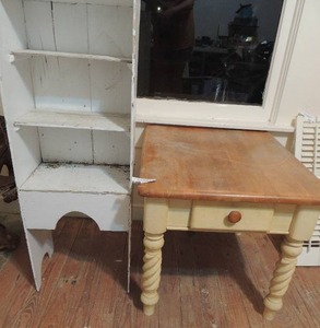 lot 200 image: Small cream and brown side table 21 x 22x 25 1 drawer white 2 layer shelf 28x14 x10