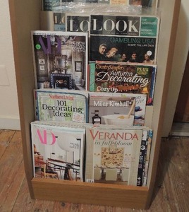 lot 202 image: Magazine rack with magazines LOOK, AD, Country Sampler Miles Kimbler 36x20x16