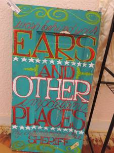 lot 205 image: Vintage door piece made into a wall sign Wash behind your ears and other important places 30x16