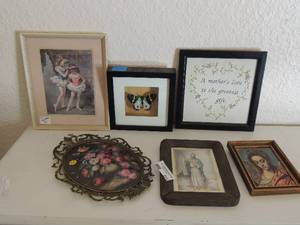 lot 211 image: Ballerina art 12 x 10, Butterfly shadow box 8x8 A mothers love 10x10 Jesus 9x7, lady 8x5