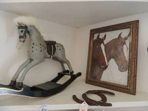 lot 212 image: Gray wooden rocking horse 17w x 13  h  2 vintage horse shoes 2 horse art 13x10