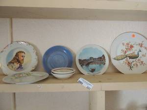 lot 223 image: Jesus plate, Floral plate by Gold China, 2 small butter bowls by shanago china Peacock plate 8 and more