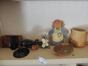lot 227 image: Vintage brown creamer black wall mount to hold bags phone minder box, wooden windmill and much more