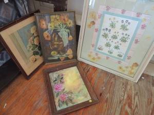 lot 234 image: Art lot- Hand painted pink rose 17x14, Flower by Mash 18x14, Multi color flower 19x13, large floral 26x23