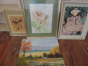lot 235 image: Art lot- Humming bird 15x12, green frame art 21x17, Board canvas fall 20x16, Hand painted doll 20x16