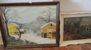 lot 237 image: 17x15 Pond art. Bob Deckman hand painted houses in snow 26xx20