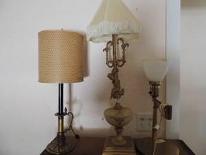 lot 238 image: 3 vintage table lamps- Knight style with shade 23 H, Gold lamp with shade 30 H, Round bottom gold tamp with glass shade 17H