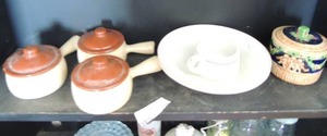 lot 239 image: 3 soup pots with lid6 clear glass bubble saucers yellow and white creamer, 3 mason jars and mores Syracuse cup and 2 large flower design bowl jam jar with lid
