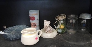 lot 240 image: CLEAR PLATES, ASHTRAY, JARS WITH ZINC LIDS, CREAMER,