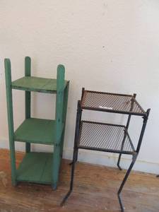 lot 249 image: Green wooden 3 tier shelf one top piece is broken, 2 tier metal shelf green 32 x 12 and metal 26x13