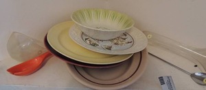 lot 267 image: 2 punch bowl ladles, one orange glass fork, green rooster bowl red dinner plate yellow LuRiy plate oval platter wakler china