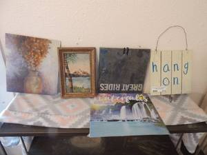 lot 274 image: 2020 calendar new,  hand painted mountain art 9x6,  wall art 8x8   flower vase painted on board 10 x 8