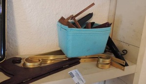 lot 280 image: Lot of plastic and wood plate stands 2 gold wall hooks can be used for shelf