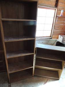 lot 303 image: Brown shelf with 4 shelves 72x25x11 and book shelf 36x30x10 3 shelf
