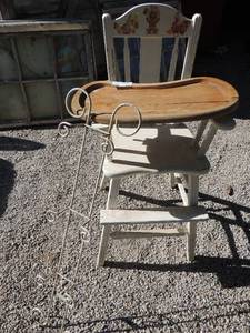 lot 332 image: White wall hanger and vintage solid wood baby high chair (for dcor only)