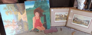 lot 357 image: 2 fox hunt paintings 11 x 14 woman portrait by Mat T. 14x15 hand painted forest picture 12 x 16 and snowy fields by Frances cassette 10x12
