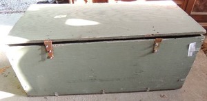 lot 363 image: Green wooden chest . Top needs 2 screws 12 x 32x16
