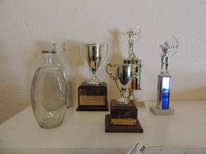 lot 364 image: 2 glass dcor bottles various  sport trophies