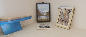 lot 374 image: wooden boat   Fairmont hotel tile    far wall dcor   6 blue bird pic