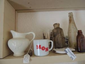 lot 375 image: Various antique bottles mom coffee cups white iron stone eagle picture