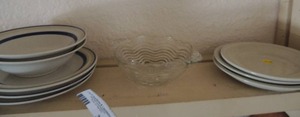 lot 377 image: 3 small saucers    clear glass candy dish,   2 international stoneware bowls and 3 plates