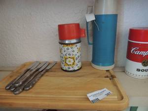 lot 387 image: 5 sterling silver butter knives, 3 vintage coffee, and cutting boards
