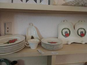 lot 388 image: Adam antique Conorsburge pottery Christmas design dishes-7 saucers,1 cup, 7 dinner plates, 3 bell shape serving dishes