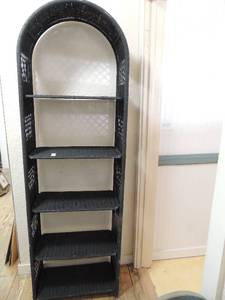 lot 404 image: Black wicker shelf with 5 removable shelves 77x25