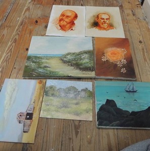 lot 408 image: Pink flower 9x12 canvas by L. Blake, Ocean painting by Jerking 16x12,Sail canvas by Jeff batton 1967 and many others