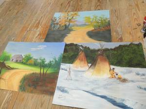 lot 410 image: Sue browning canvas board painting American Indian and teepee 24x19 2 fall canvas board paintings 24x19