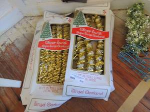lot 418 image: 2 NIB 15 olive twist garland gold and green 12 Christmas tree blue bird metal napkin holder
