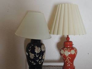 lot 429 image: Blue lamp white design 27 with shade orange lamp has shade 30