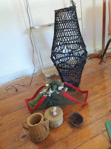 lot 430 image: large black enclosed wicker basket 28 tall, red wicker basket with Christmas bird dcor and 3 small wicker baskets