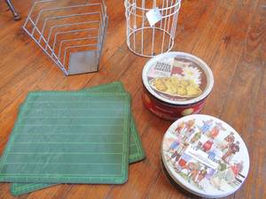 lot 431 image: Danish Katrina tin, golf tin, 2 green chalk boards and white bird cage