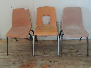 lot 436 image: Plastic orange school chairs great condition x 3