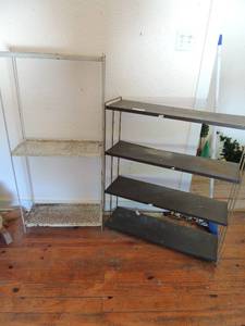 lot 445 image: 2 metal shelving units white one has 3 shelves 46x21 and brown one has 4 shelves 36x31