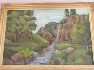 lot 461 image: Large wall art of river and mountains 41x29