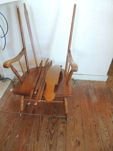 lot 463 image: brown wooden rocker needs back part repaired (pieces included)