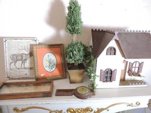 lot 171 image: Vintage metal wood burner 14 high, CARTOON OF BOY IN TUB,  AMERICAN ELK, TOPIARY, DOLLHOUSE ( MISSING WALL)  and MORE