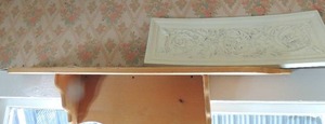 lot 472 image: 43 x 11 x 14 wooden wall shelf and a white wall decor 28x10